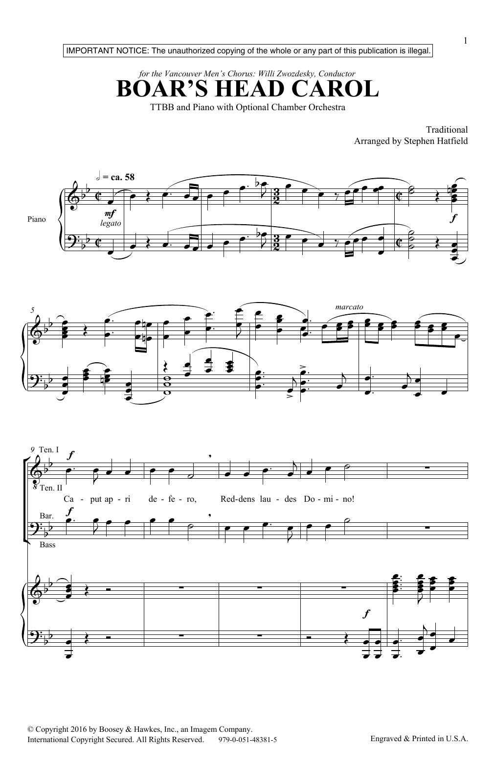 The Boar's Head Carol (TTBB Choir) von Stephen Hatfield