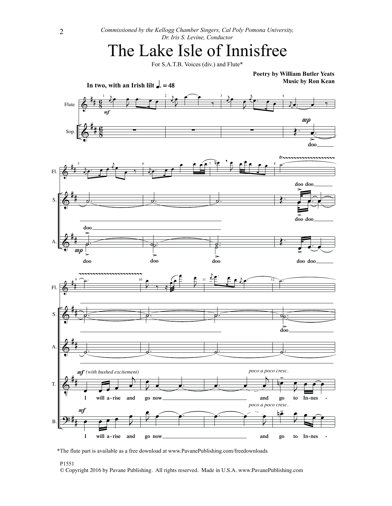 The Lake Isle of Innisfree (SATB Choir) von Ron Kean