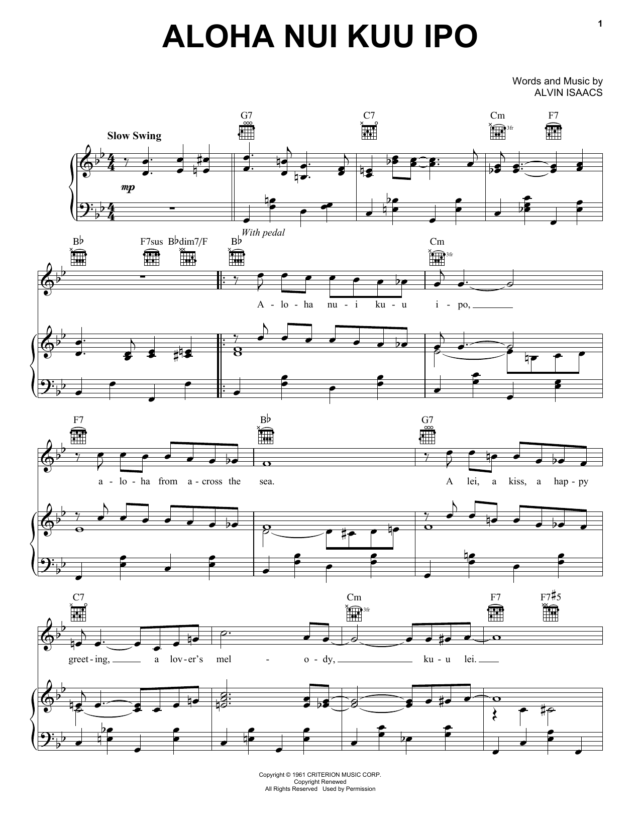 Aloha Nui Kuu Ipo (Piano, Vocal & Guitar Chords (Right-Hand Melody)) von Alvin Isaacs