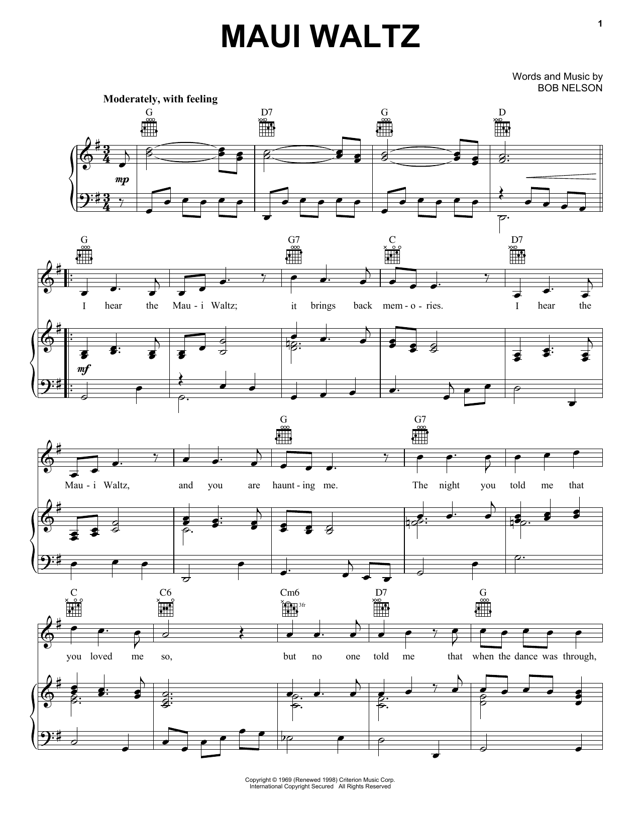Maui Waltz (Piano, Vocal & Guitar Chords (Right-Hand Melody)) von Bob Nelson
