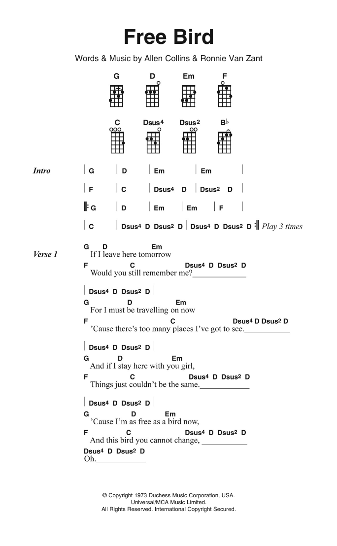 Free Bird (Ukulele Chords/Lyrics) von Lynyrd Skynyrd