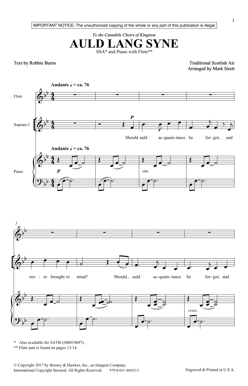Auld Lang Syne (SSA Choir) von Mark Sirett