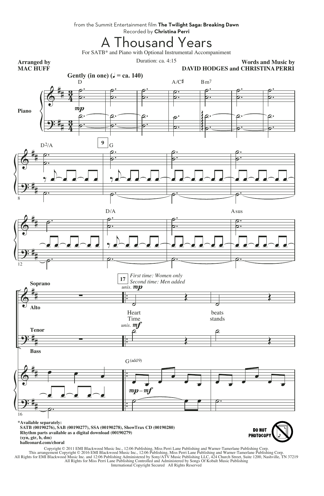 A Thousand Years (arr. Mac Huff) (SATB Choir) von Christina Perri