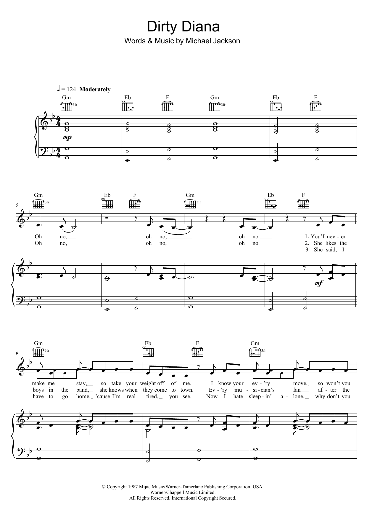 Dirty Diana (Piano, Vocal & Guitar Chords (Right-Hand Melody)) von Michael Jackson