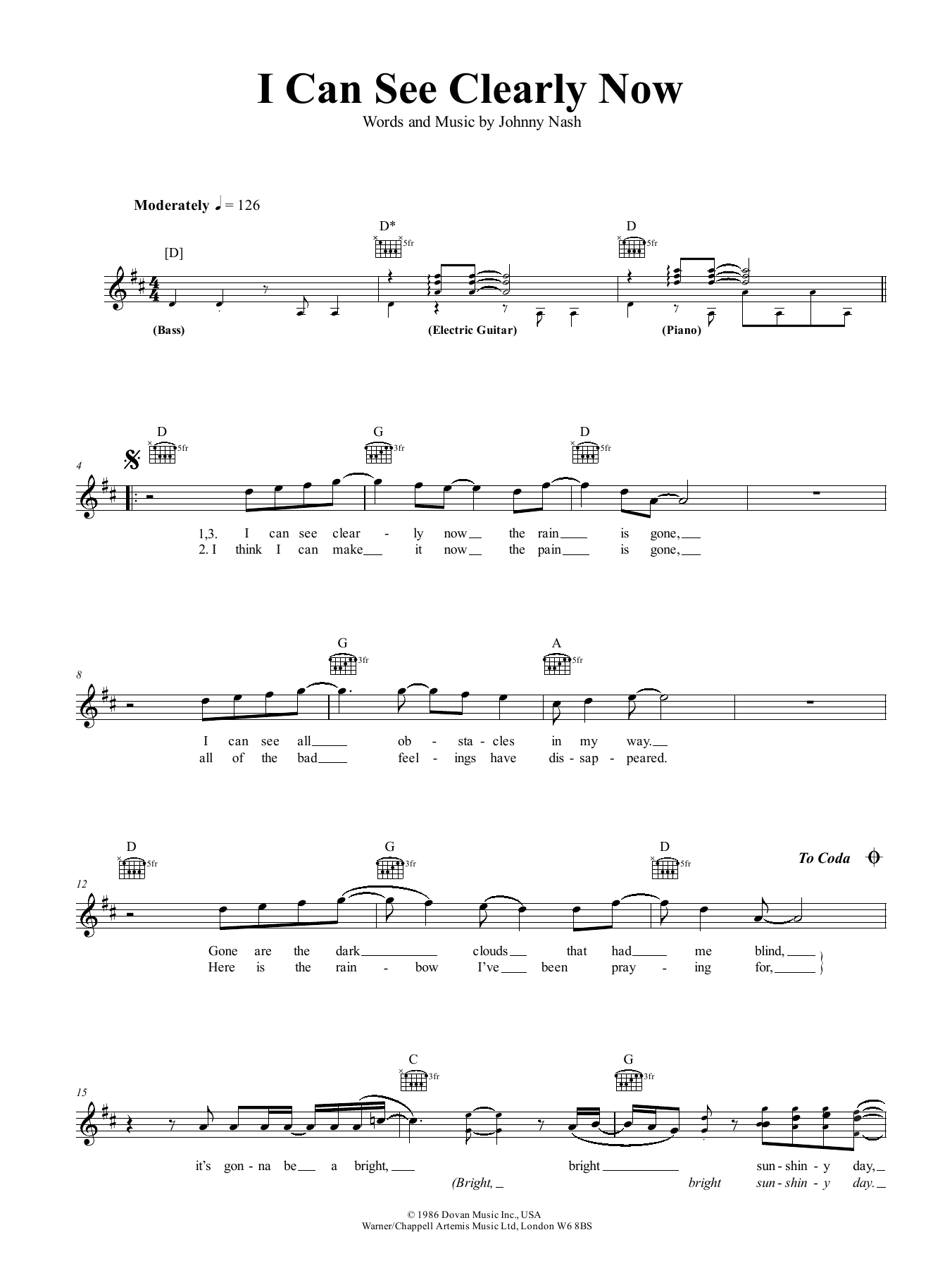 I Can See Clearly Now (Lead Sheet / Fake Book) von Johnny Nash