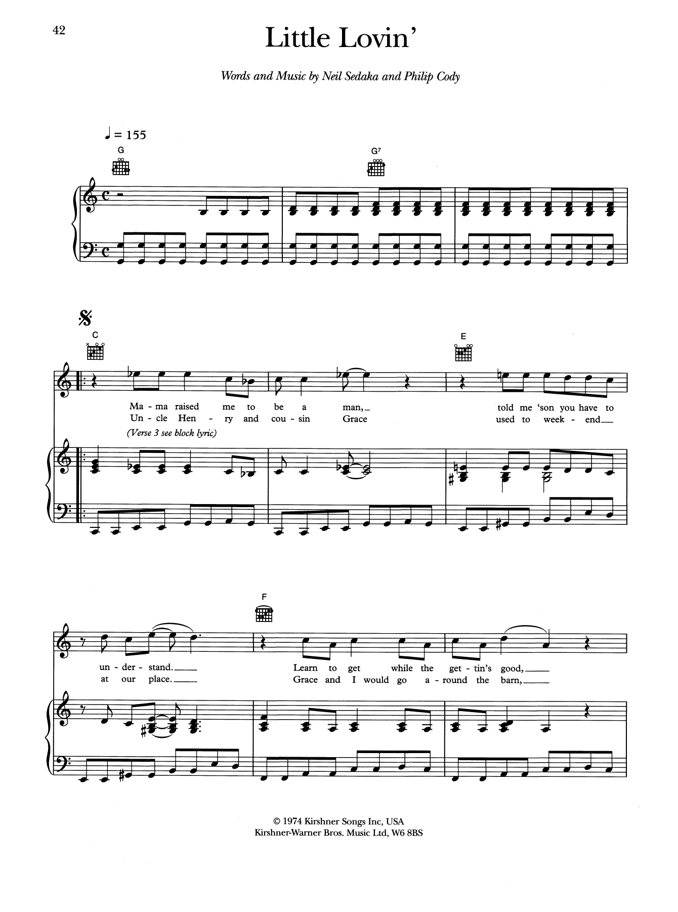 A Little Lovin' (Piano, Vocal & Guitar Chords (Right-Hand Melody)) von Neil Sedaka