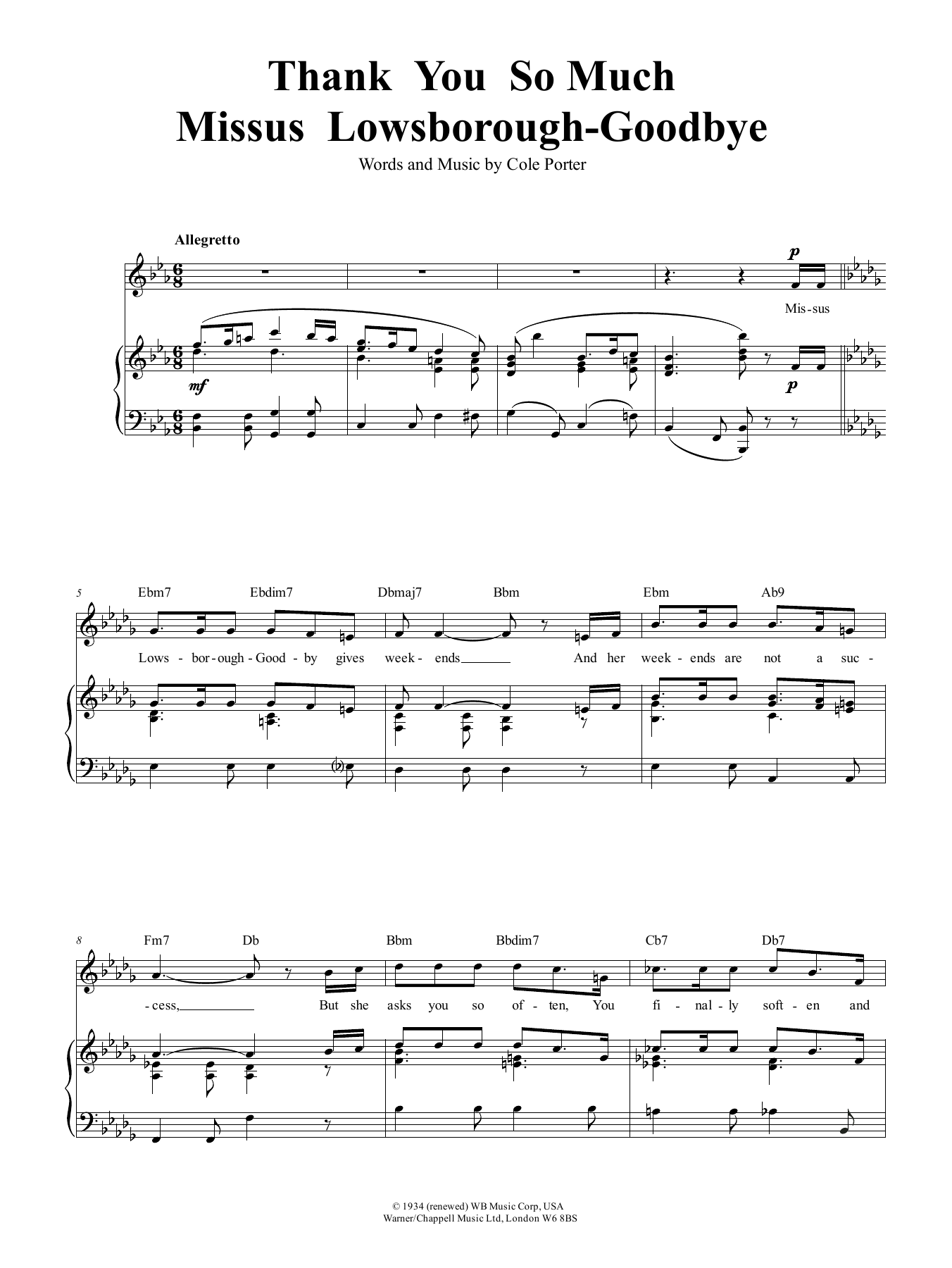 Thank You So Much, Mrs Lowsborough-Goodby (Piano, Vocal & Guitar Chords (Right-Hand Melody)) von Cole Porter