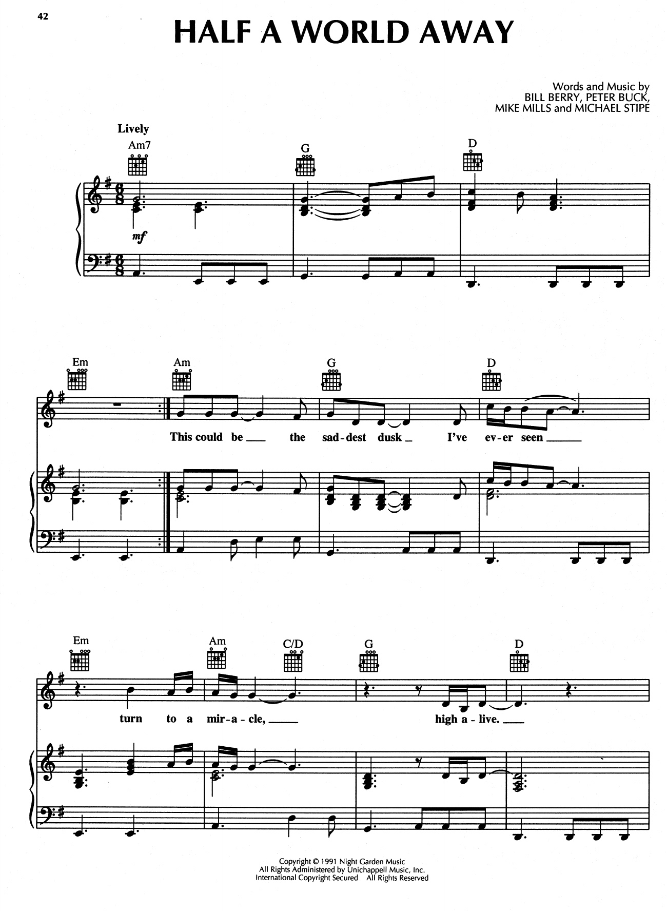 Half A World Away (Piano, Vocal & Guitar Chords (Right-Hand Melody)) von R.E.M.