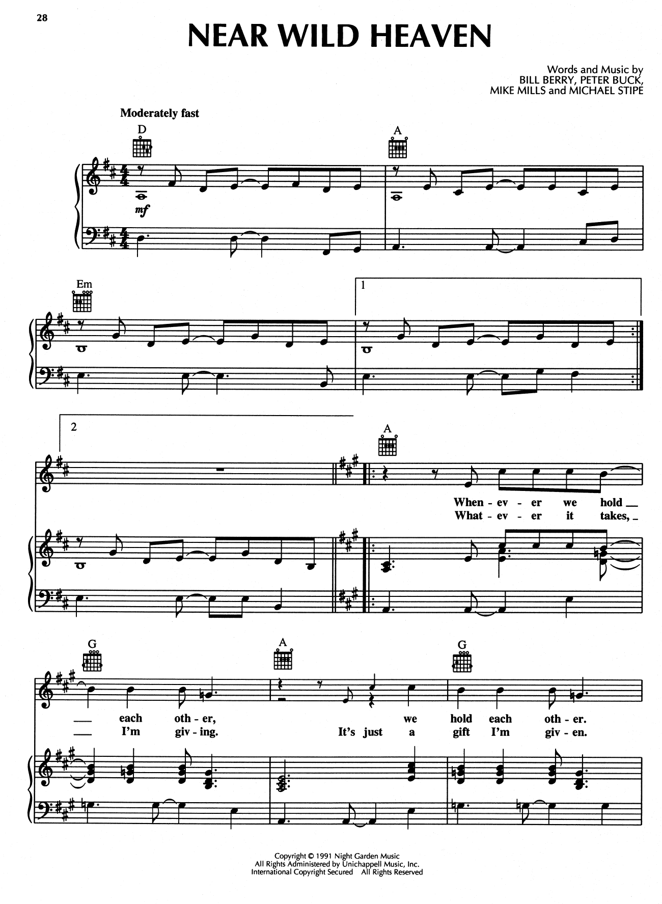Near Wild Heaven (Piano, Vocal & Guitar Chords (Right-Hand Melody)) von R.E.M.