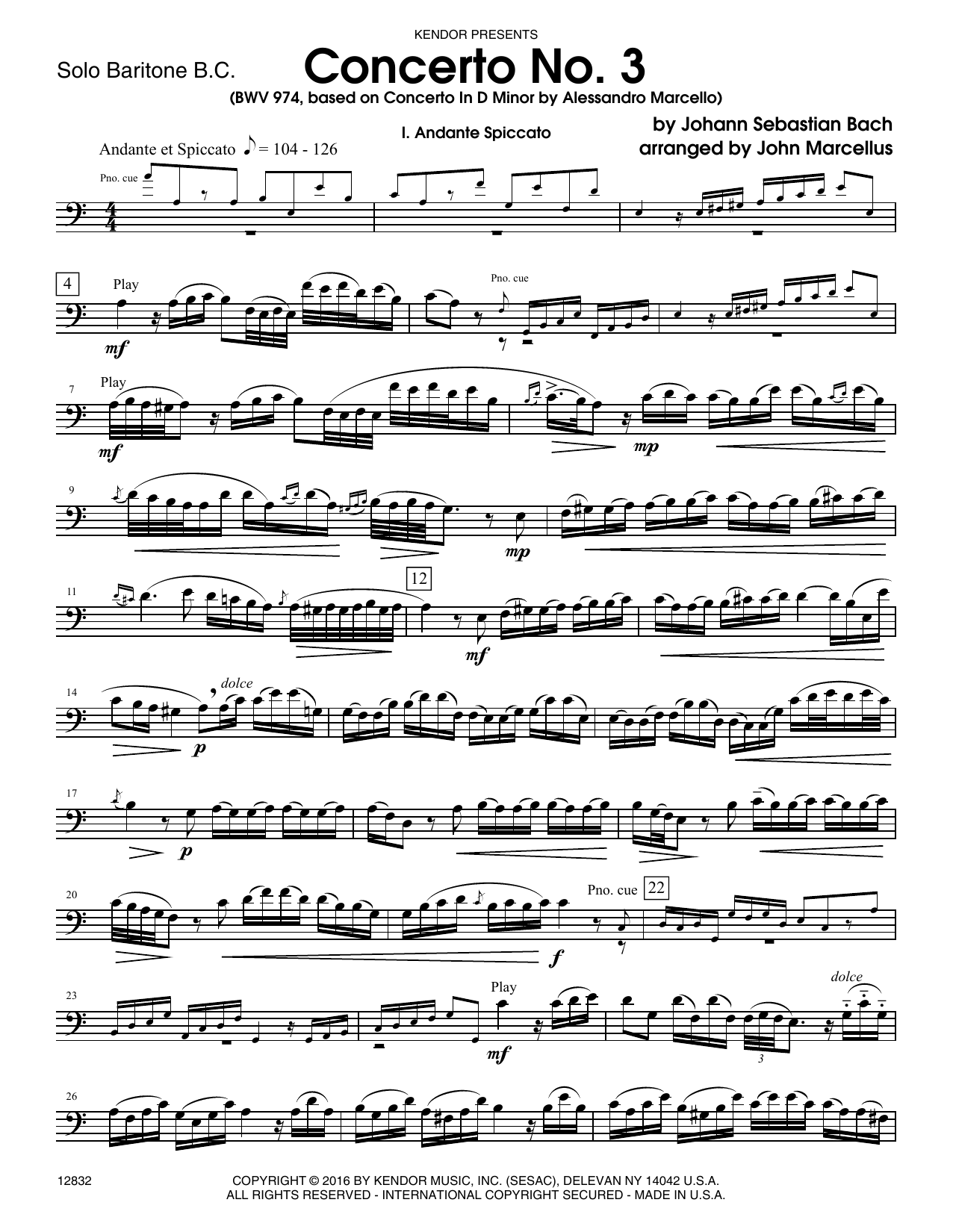 Concerto No. 3 (BWV 974, based on Concerto In D Minor by Alessandro Marcello) - Solo Baritone B.C. (Brass Solo) von John Marceullus