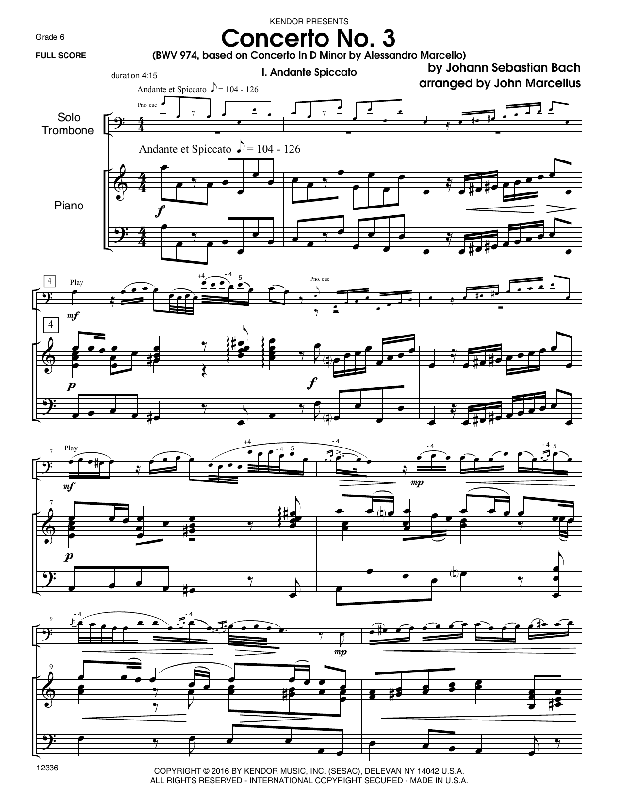 Concerto No. 3 (BWV 974, based on Concerto In D Minor by Alessandro Marcello) - Piano (Brass Solo) von John Marceullus