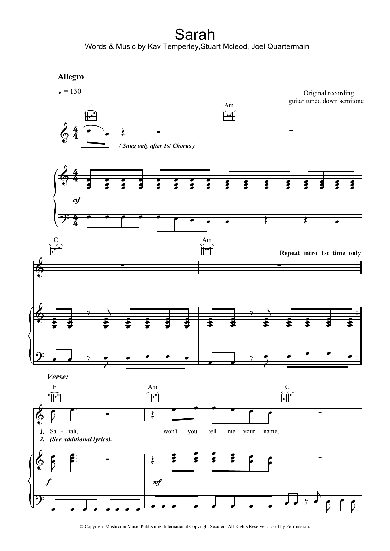 Sarah (Piano, Vocal & Guitar Chords) von Eskimo Joe