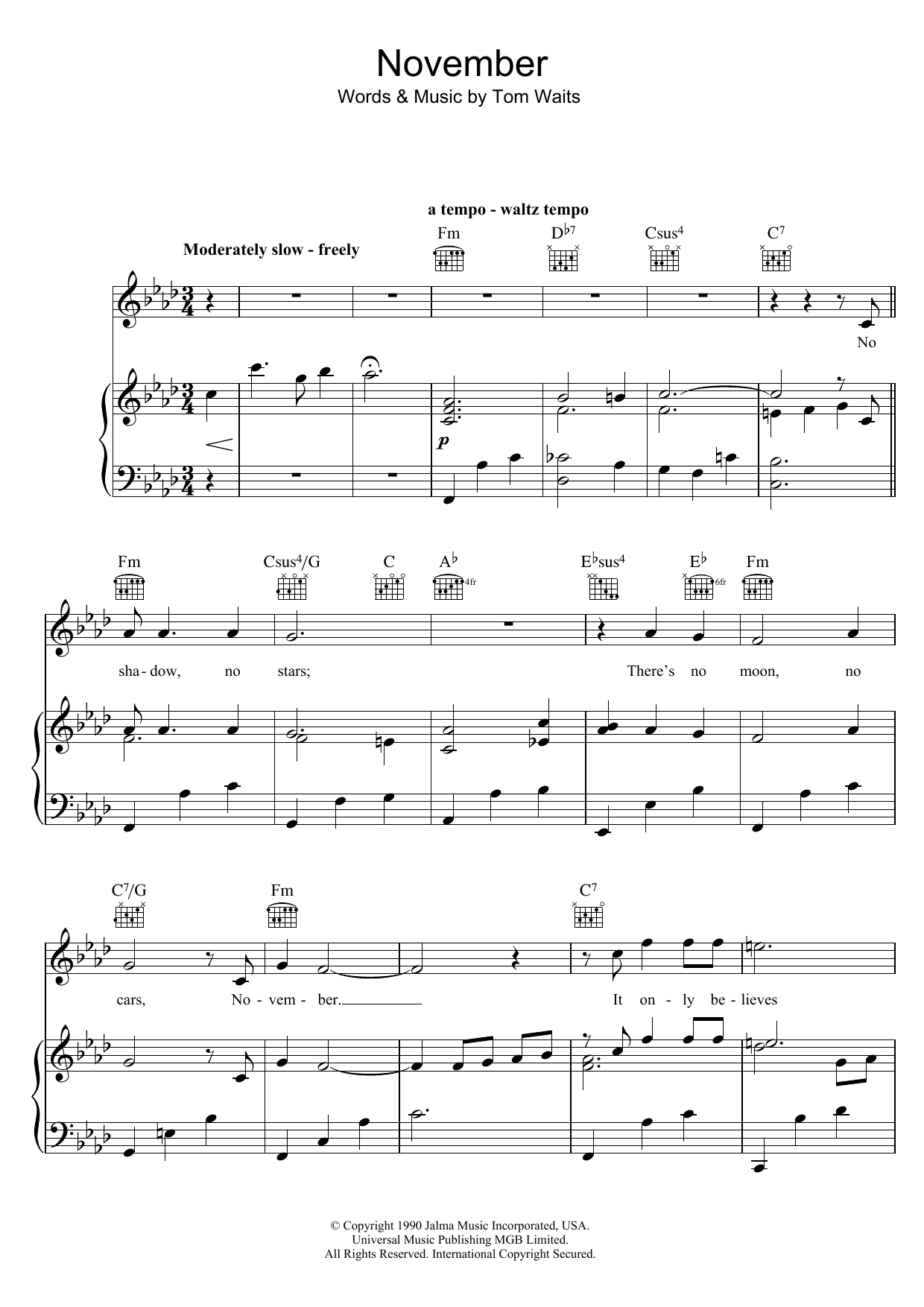 November (Piano, Vocal & Guitar Chords) von Tom Waits