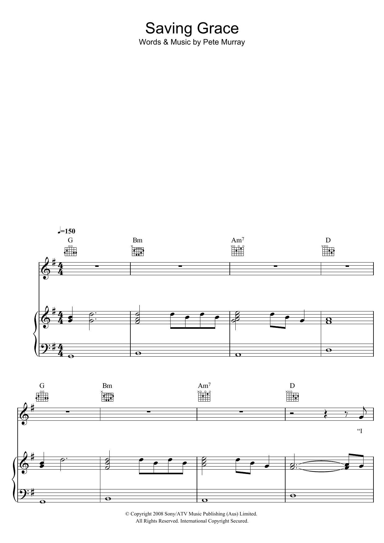 Saving Grace (Piano, Vocal & Guitar Chords) von Pete Murray
