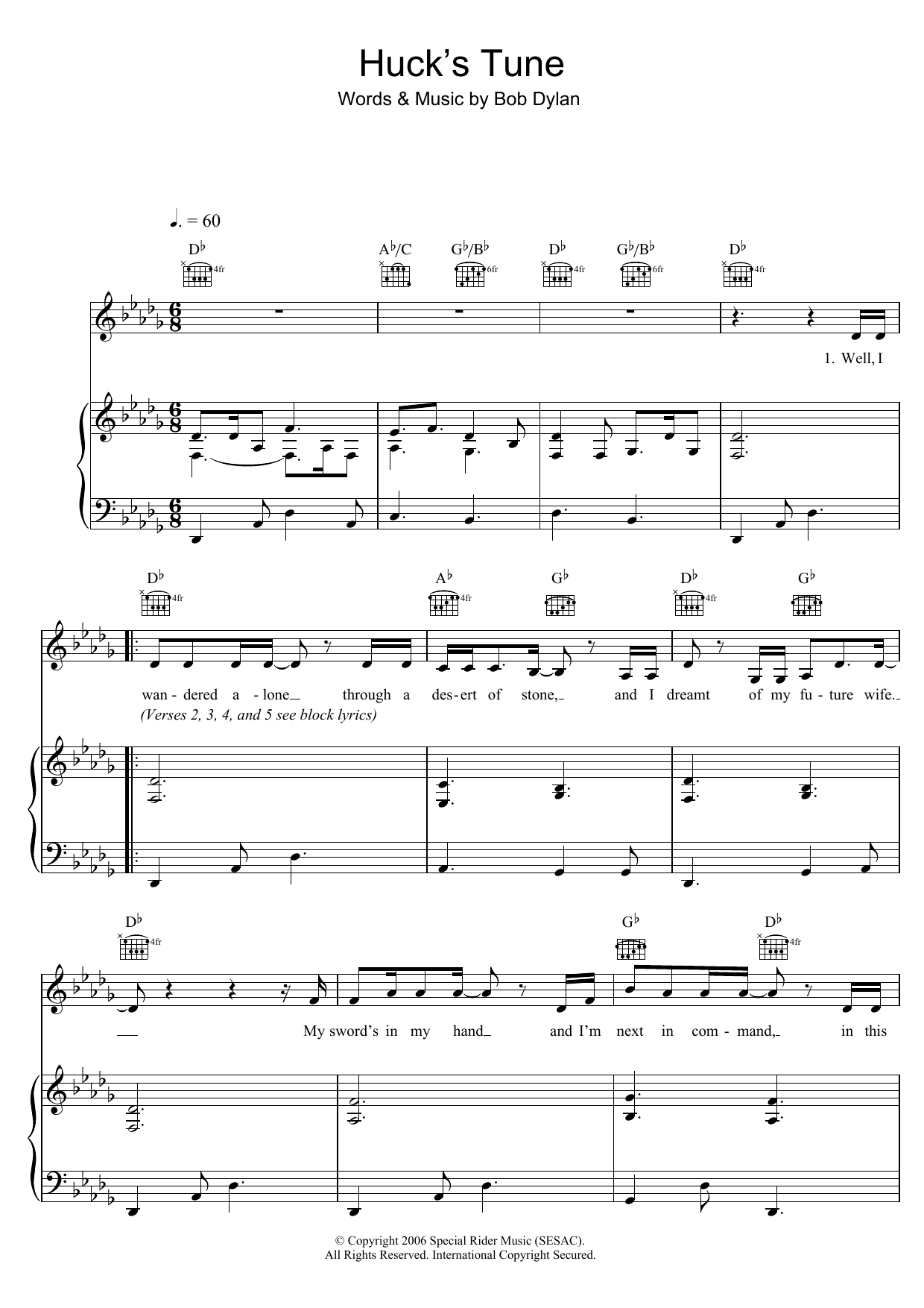 Huck's Tune (Piano, Vocal & Guitar Chords) von Bob Dylan
