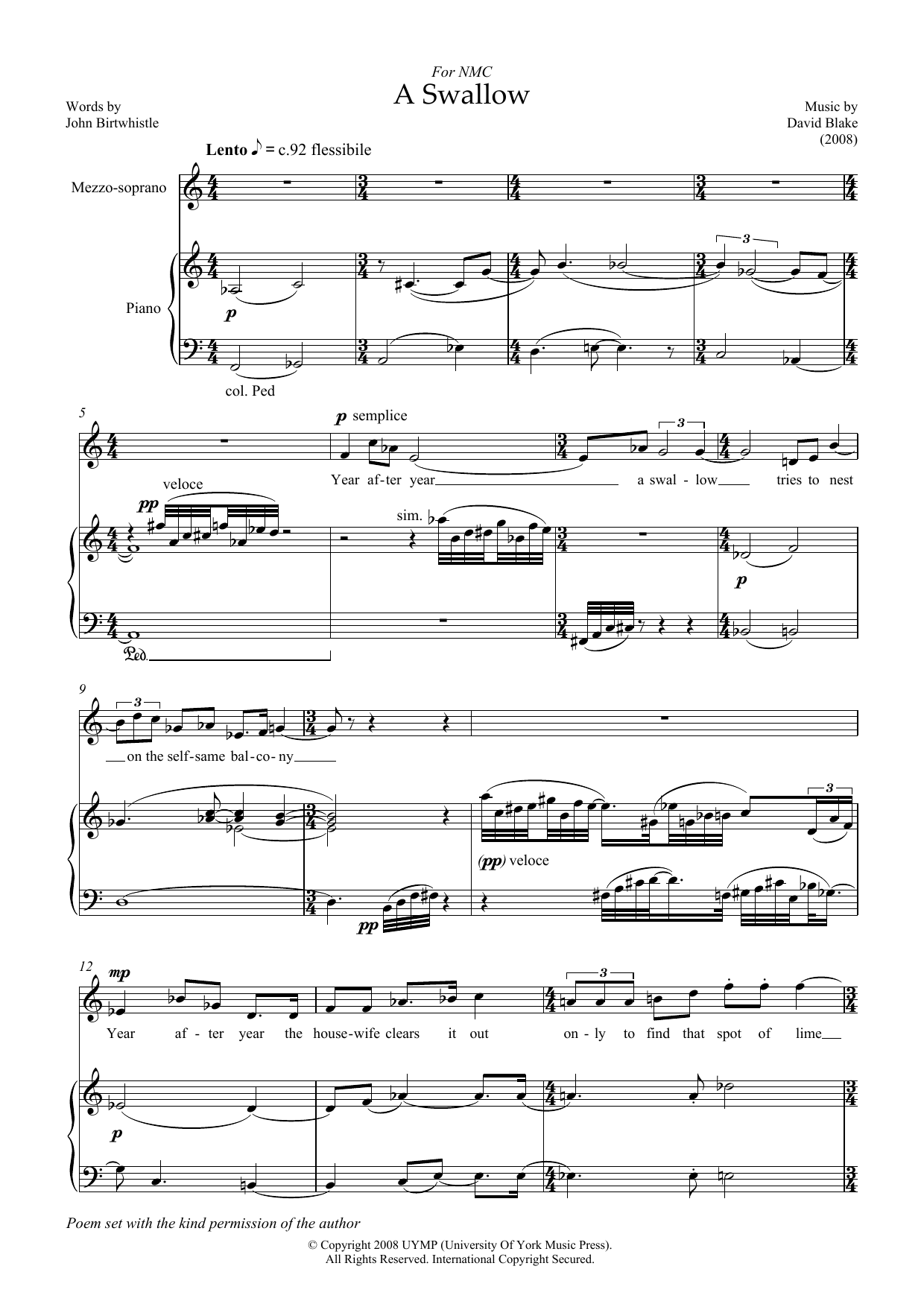A Swallow (for mezzo-soprano and piano) (Piano & Vocal) von David Blake
