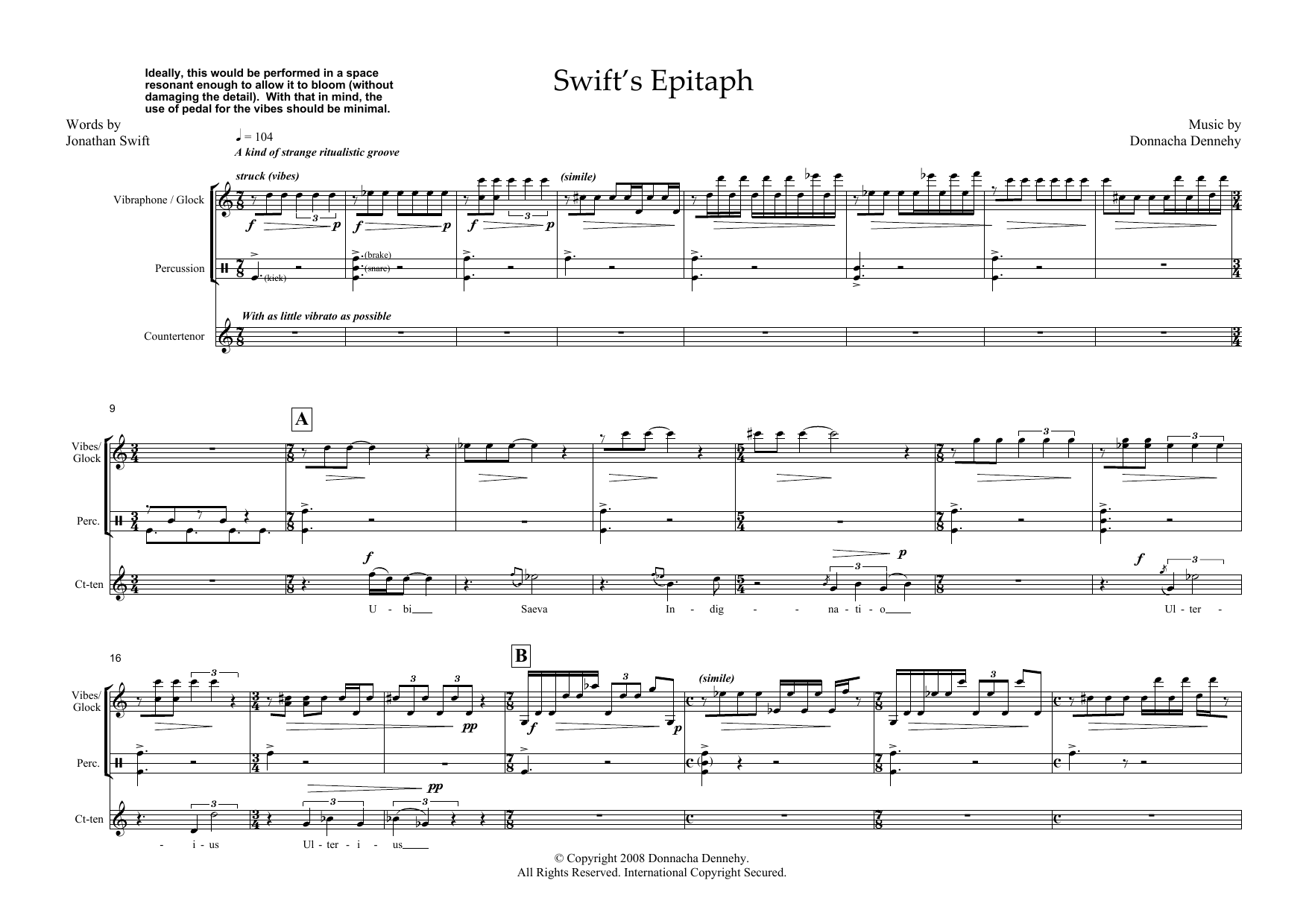 Swift's Epitaph (for counter-tenor and percussion) (Piano & Vocal) von Donnacha Dennehy