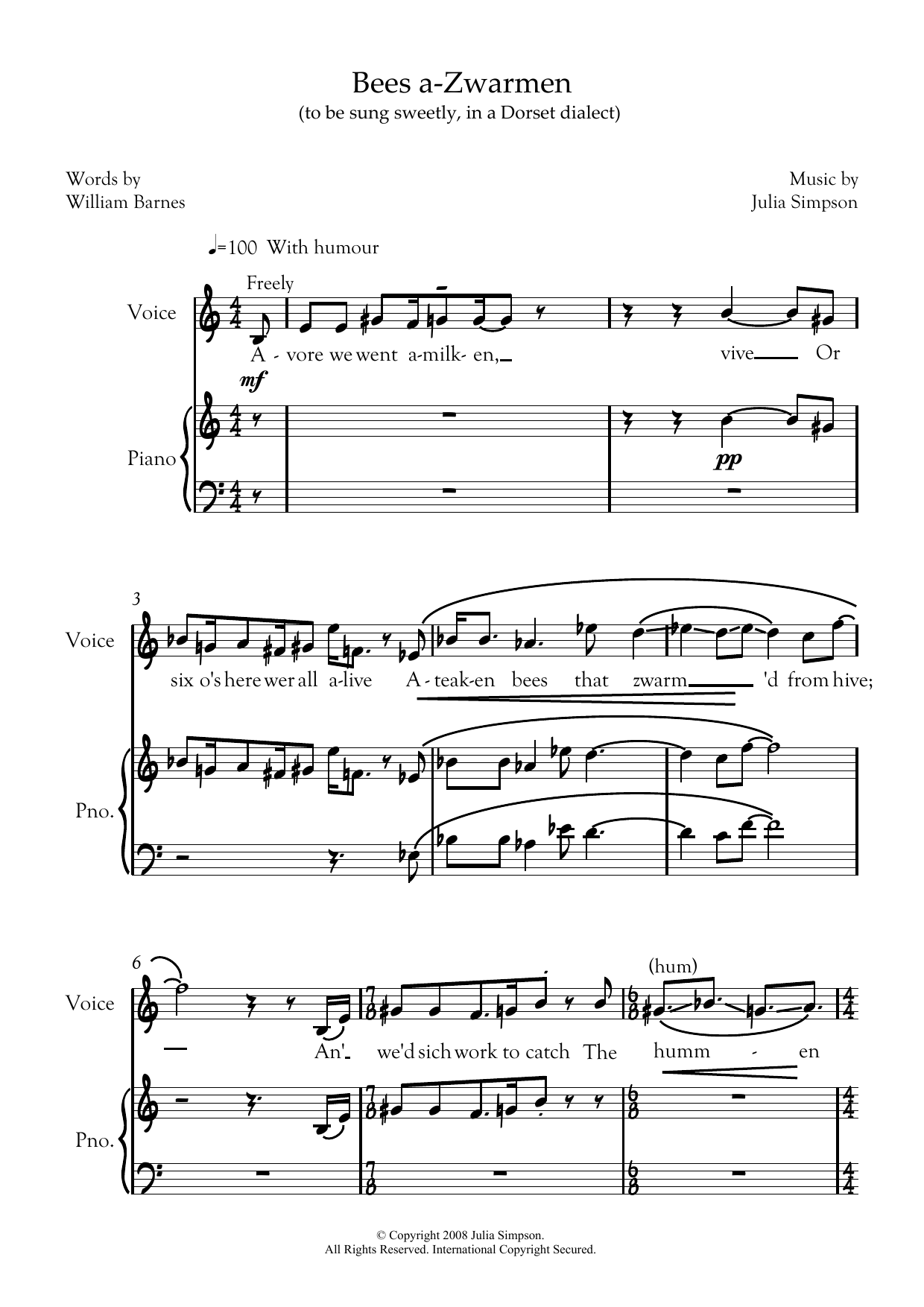 Bees a-zwarmen (for mezzo-soprano and piano) (Piano & Vocal) von Julia Simpson