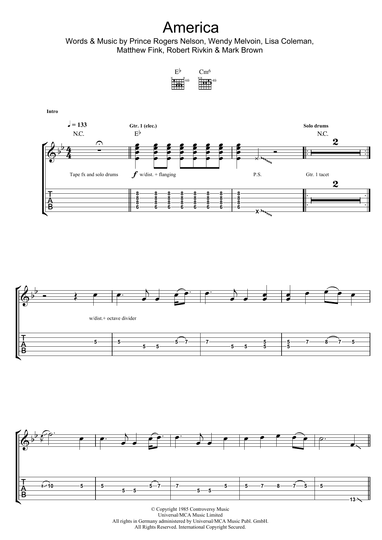 America (Guitar Tab) von Prince & The Revolution