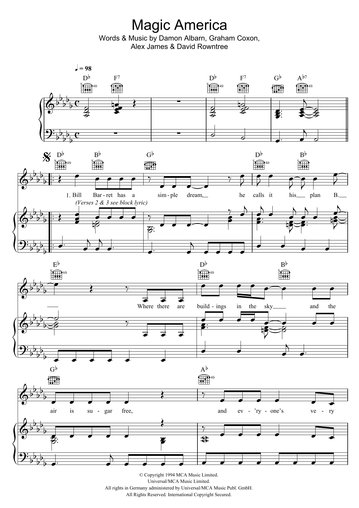 Magic America (Piano, Vocal & Guitar Chords) von Blur