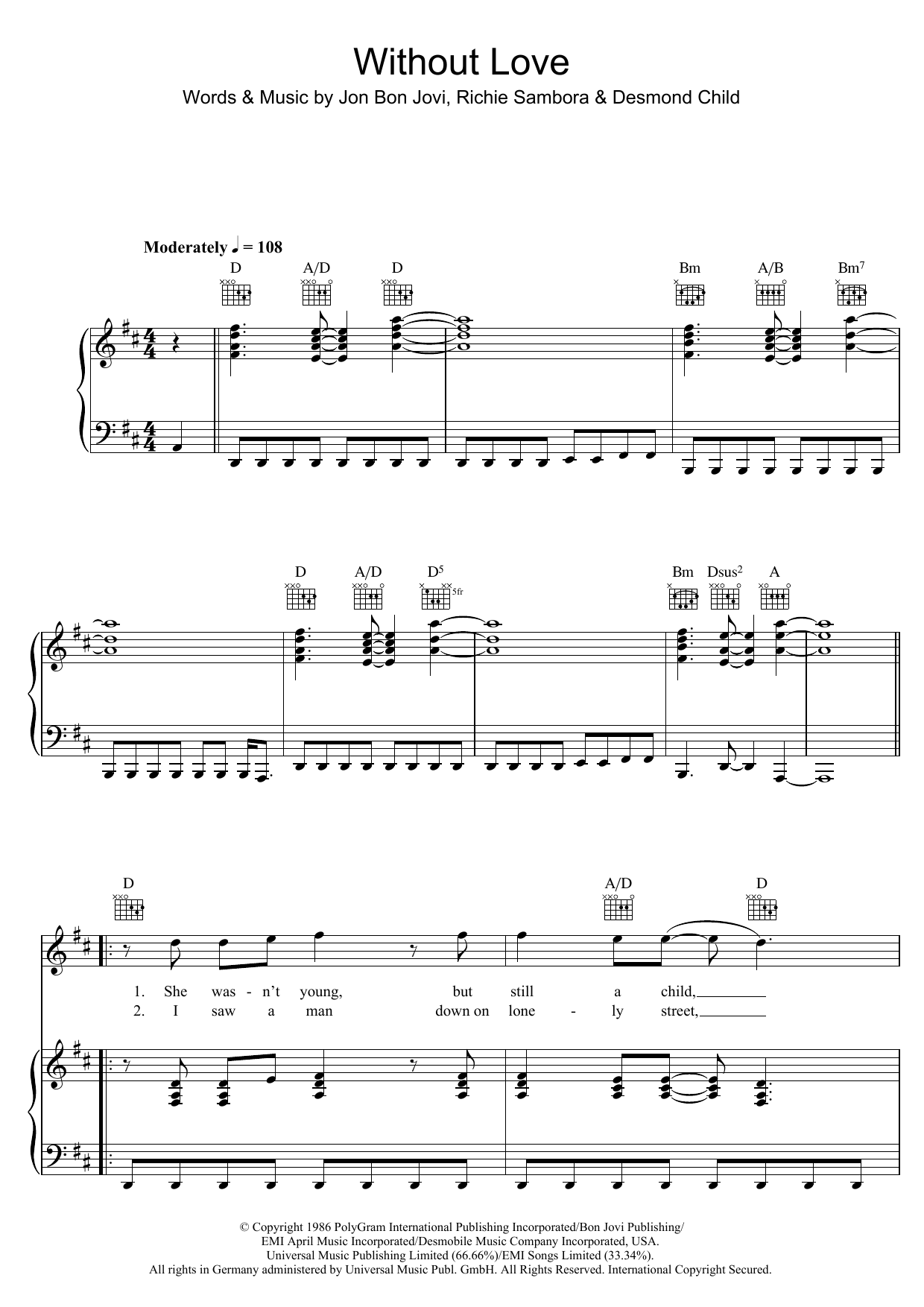 Without Love (Piano, Vocal & Guitar Chords) von Bon Jovi