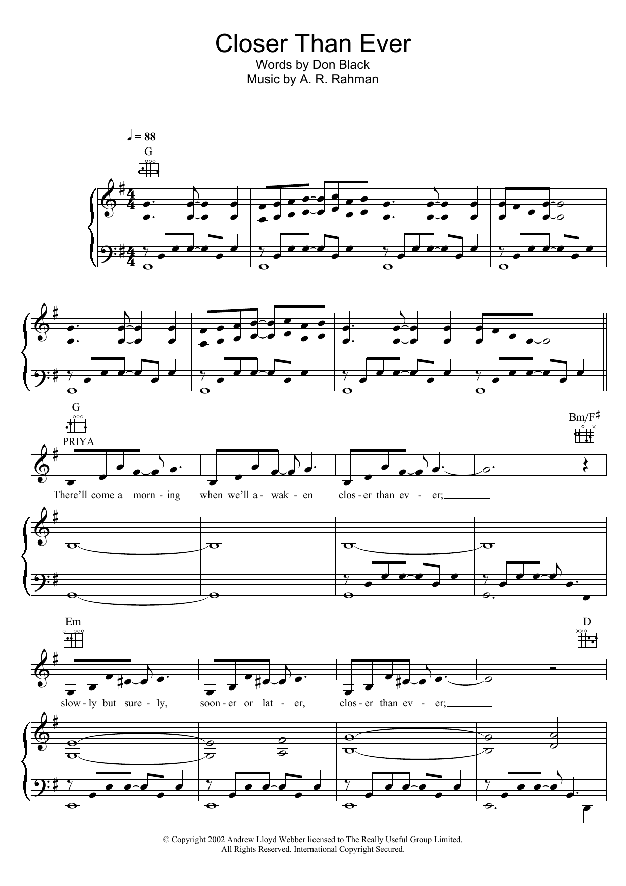 Closer Than Ever (Piano, Vocal & Guitar Chords) von A. R. Rahman