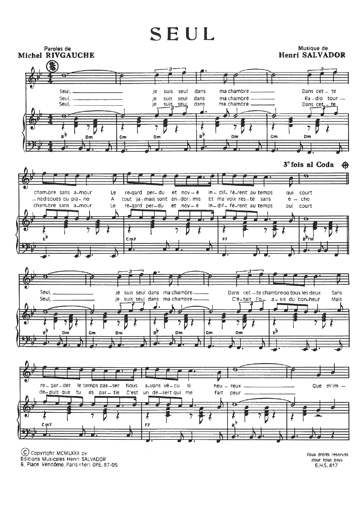Seul (Piano & Vocal) von Henri Salvador