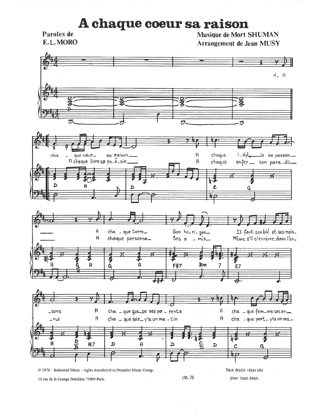 A Chaque Coeur Sa Raison (Piano & Vocal) von Mort Shuman