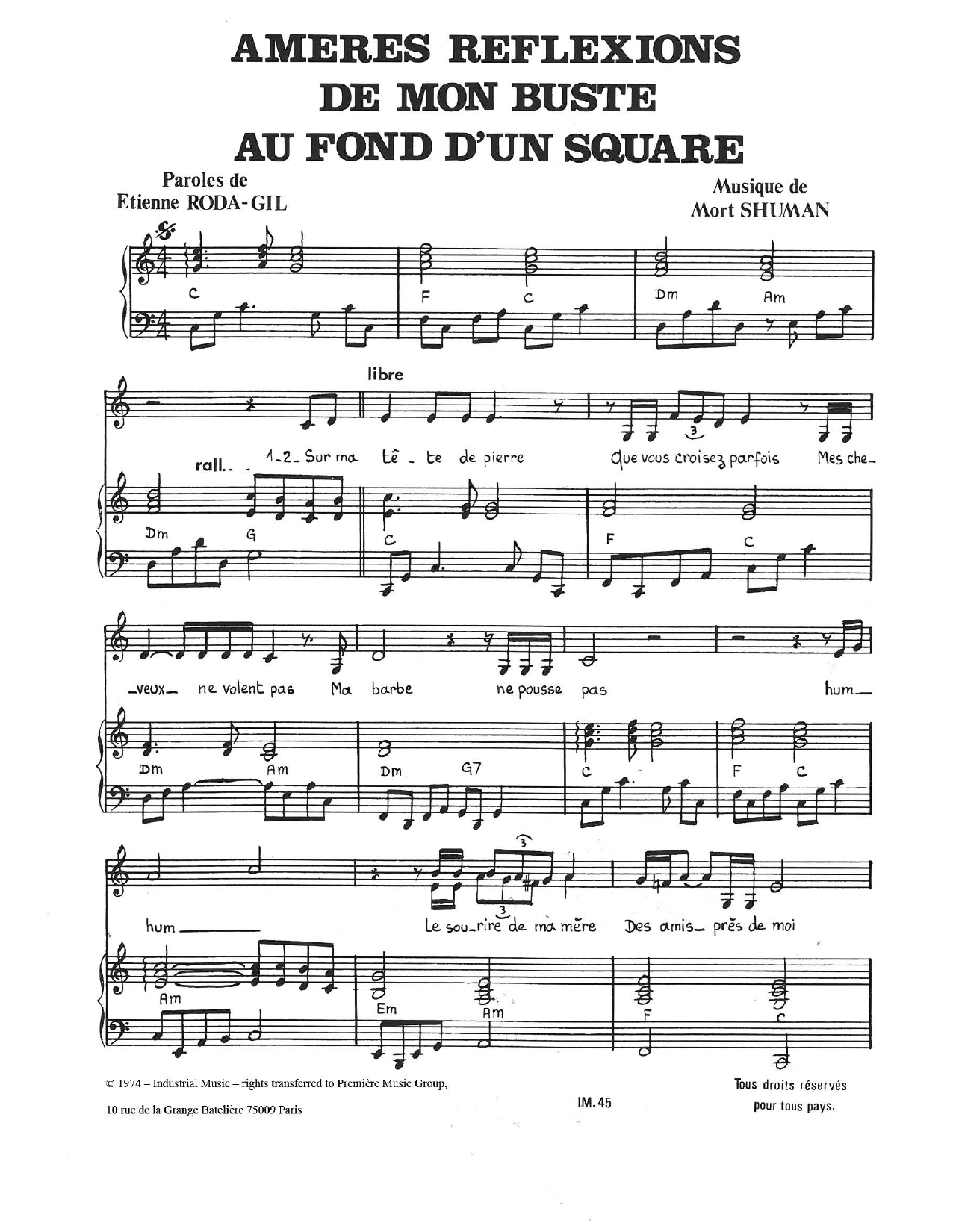 Ameres Reflexions De Mon Buste Au Fond D'un Square (Piano & Vocal) von Mort Shuman