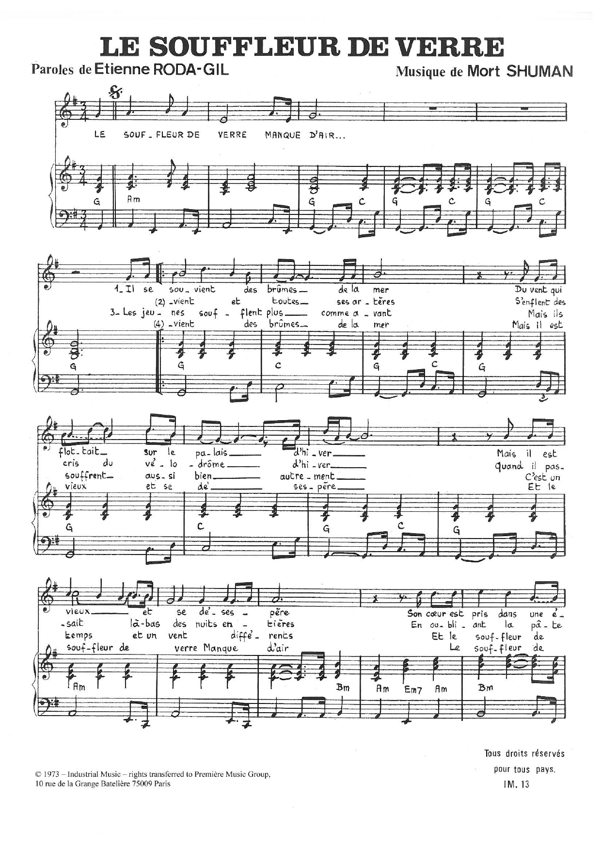 Le Souffleur De Verre (Piano & Vocal) von Mort Shuman