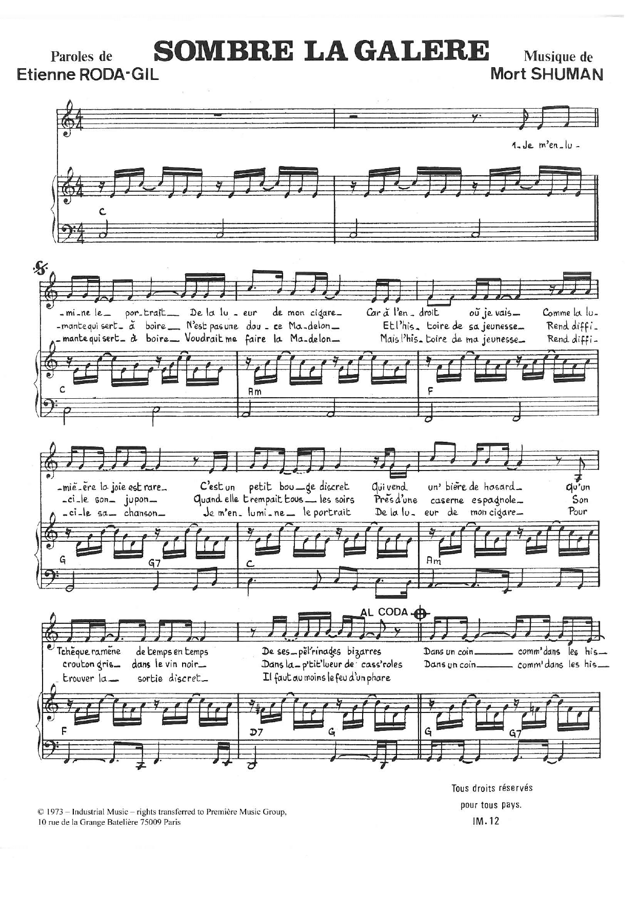 Sombre La Galere (Piano & Vocal) von Mort Shuman