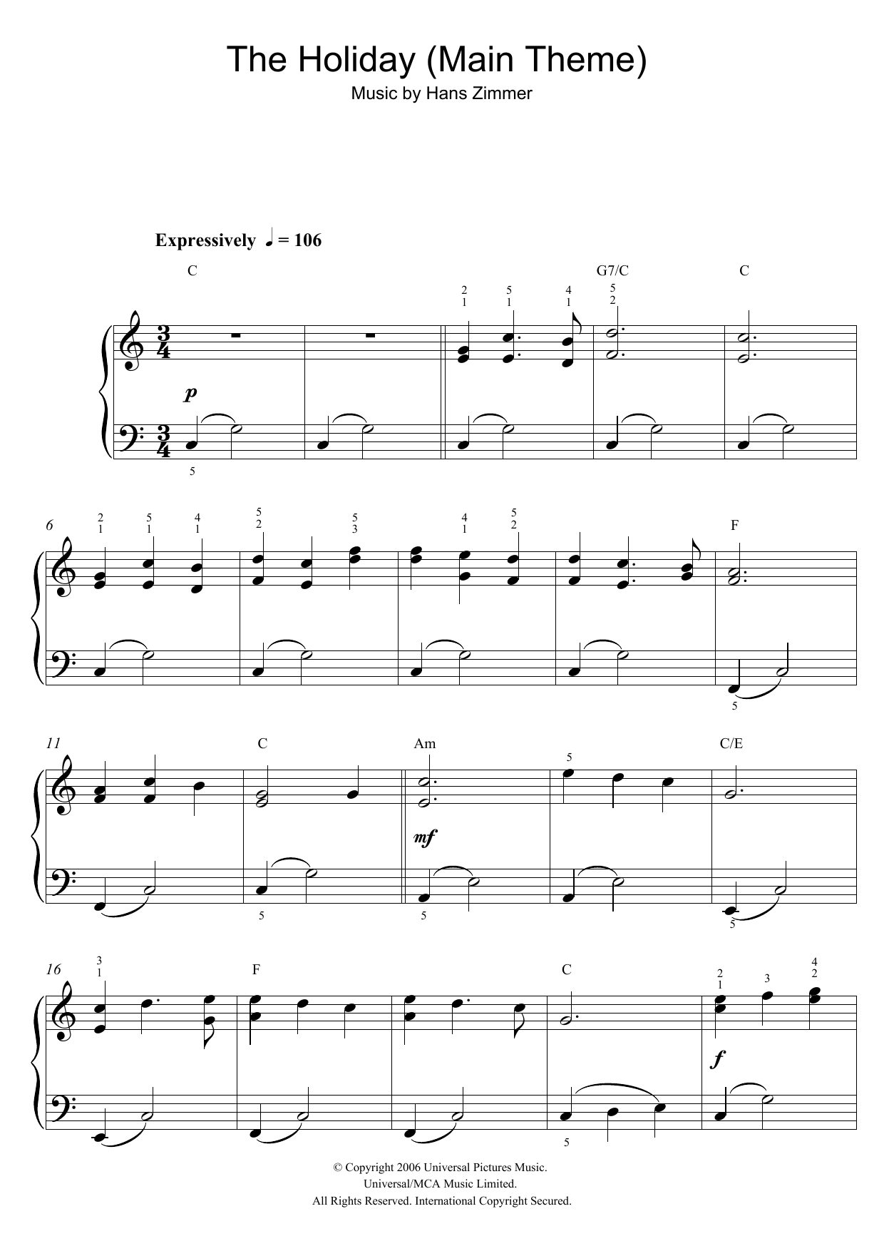 The Holiday (Main Theme) (Beginner Piano) von Hans Zimmer