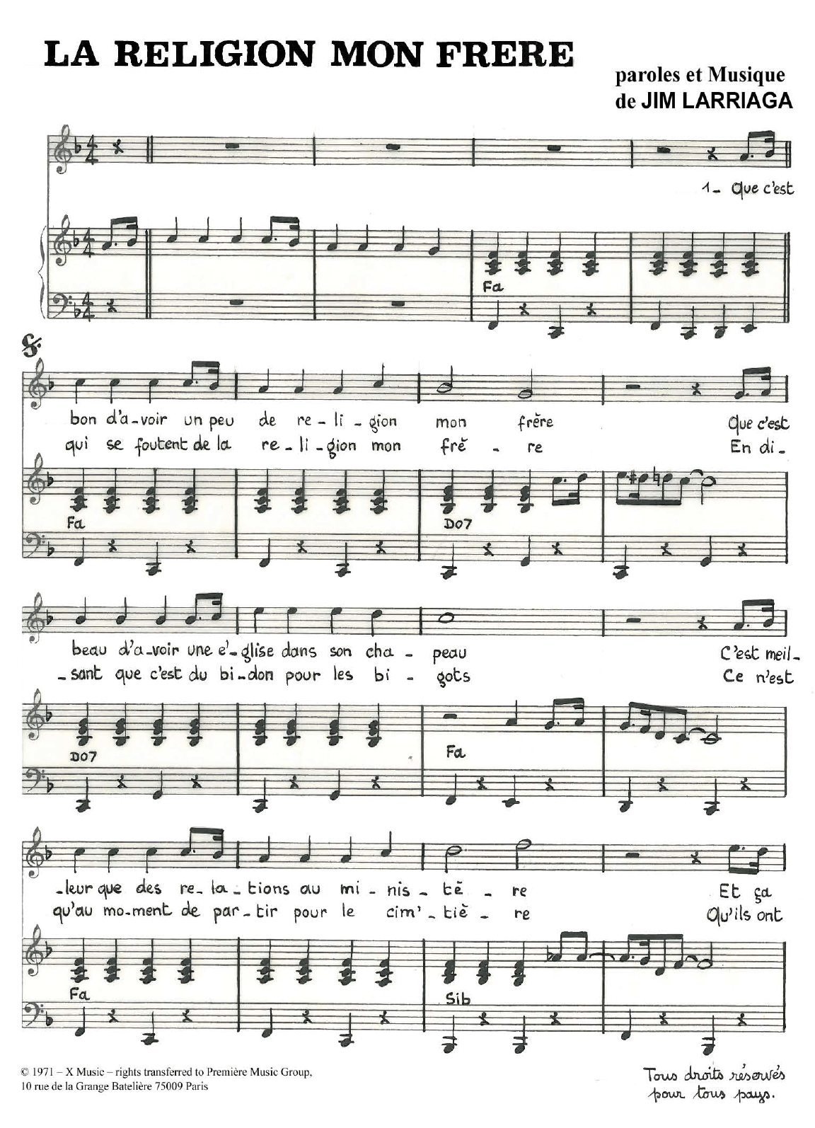 La Religion Mon Frere (Piano & Vocal) von Jim Larriaga
