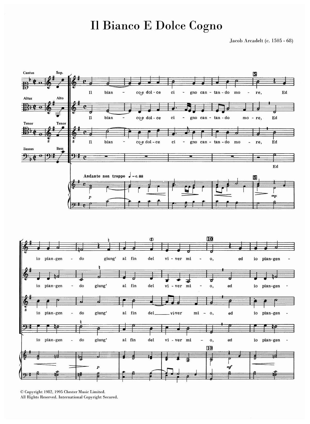 Il Bianco E Dolce Cigno (SATB Choir) von Jacob Arcadelt