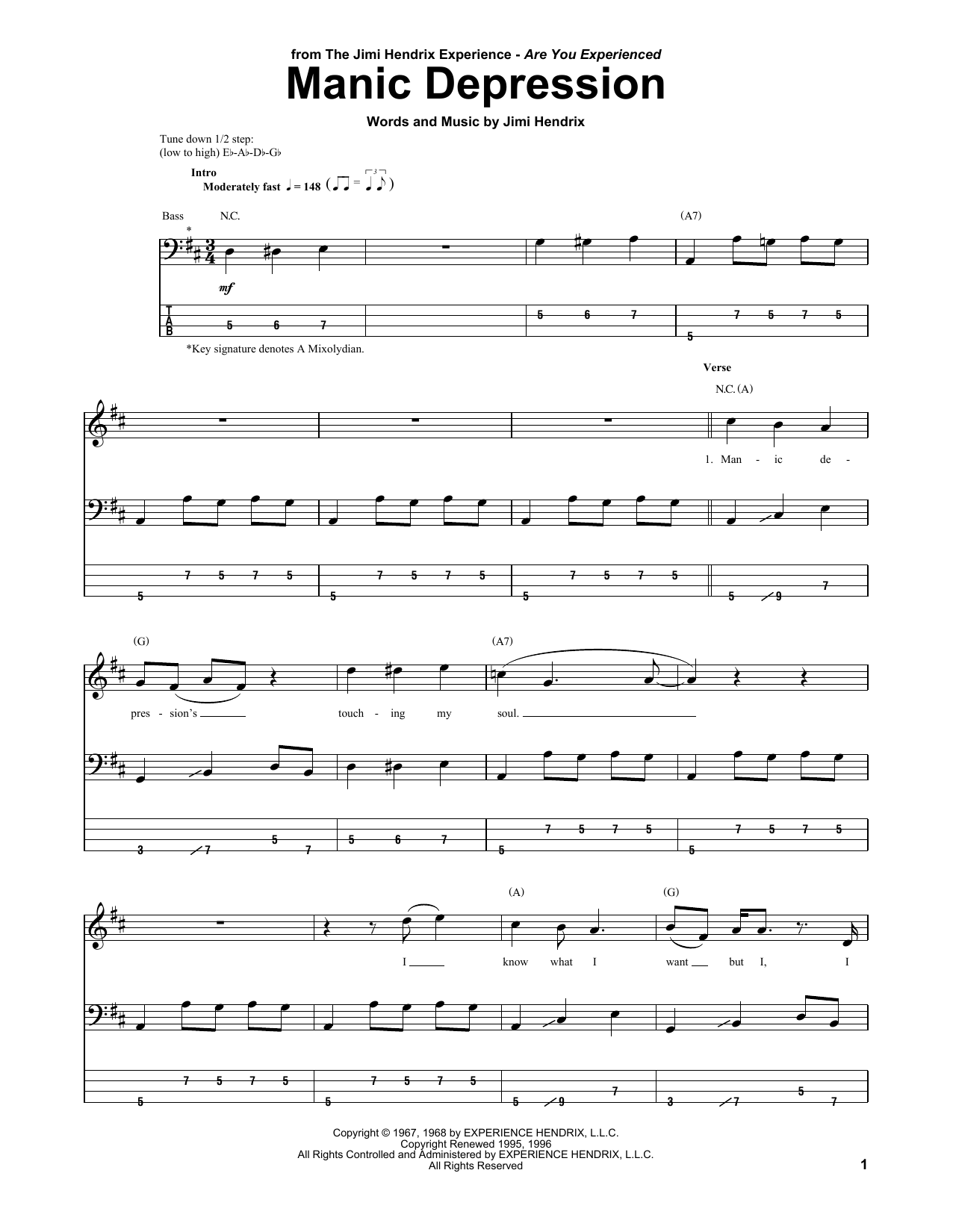 Manic Depression (Bass Guitar Tab) von Jimi Hendrix