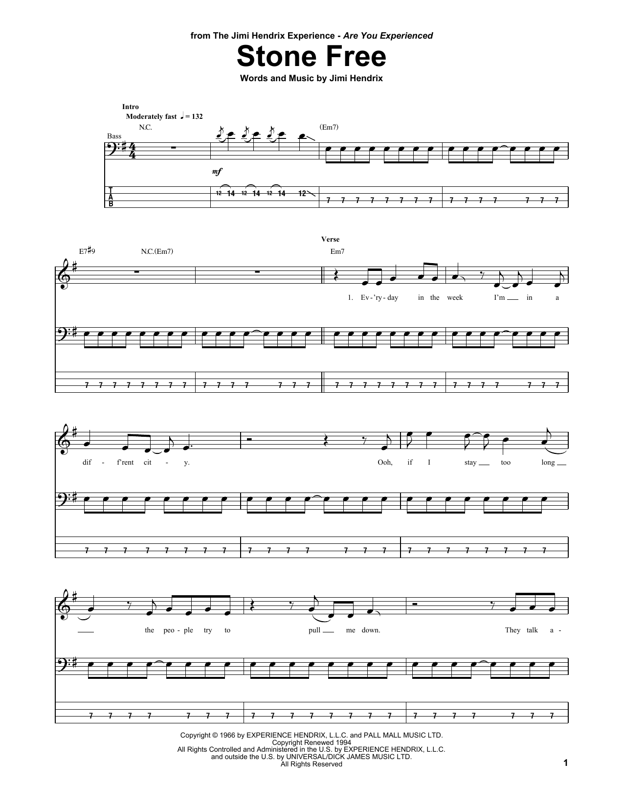 Stone Free (Bass Guitar Tab) von Jimi Hendrix