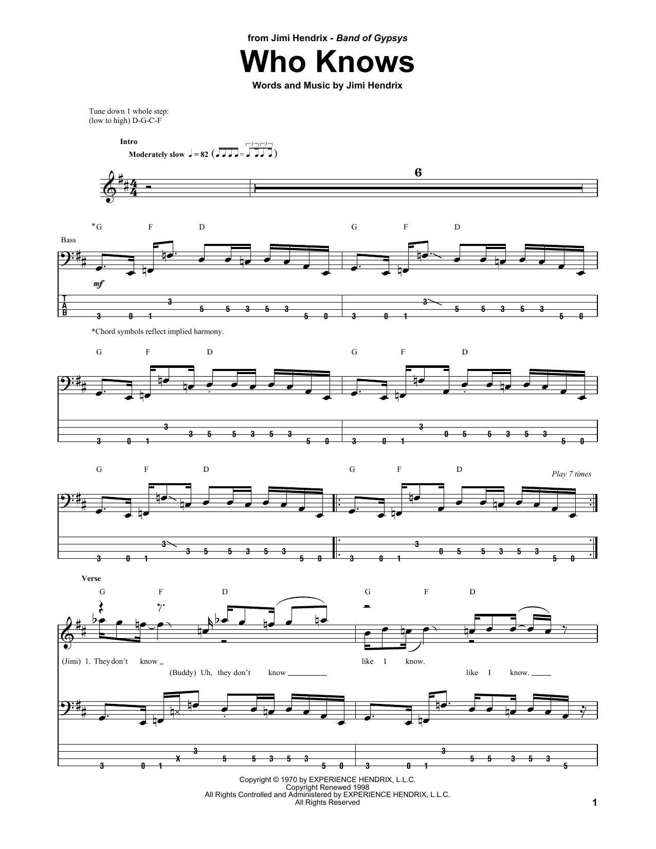 Who Knows (Bass Guitar Tab) von Jimi Hendrix