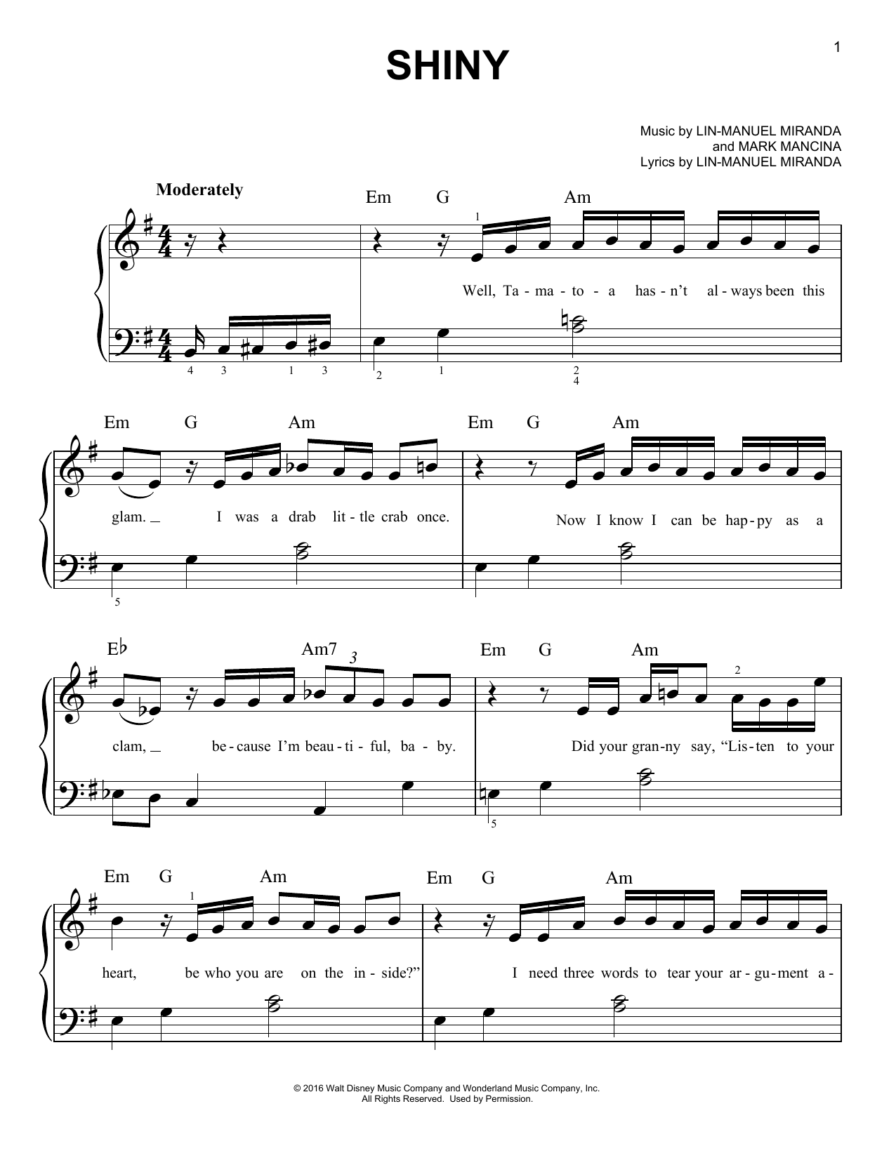 Shiny (from Moana) (Easy Piano) von Lin-Manuel Miranda