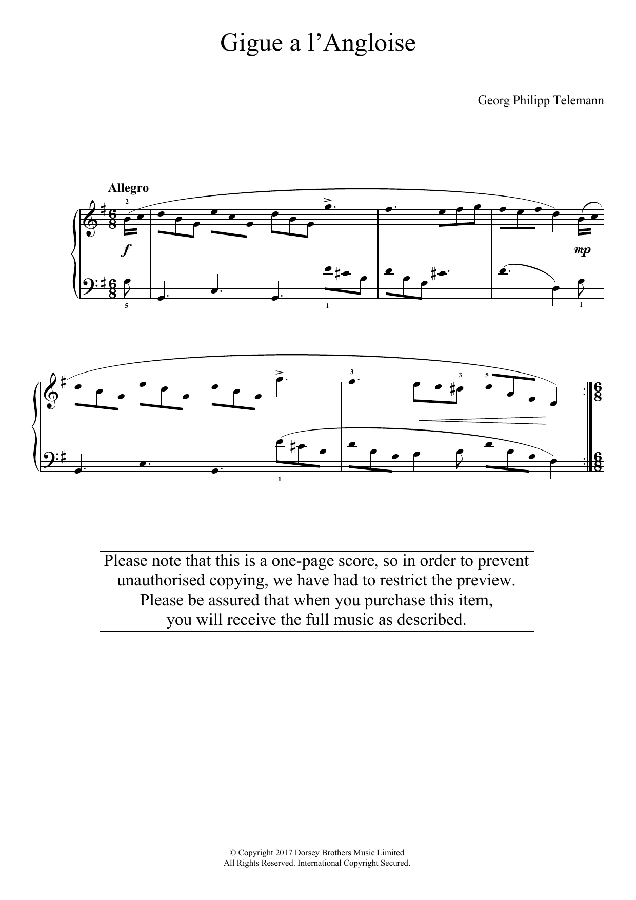 Gigue A L'angliose (Easy Piano) von Georg Philipp Telemann