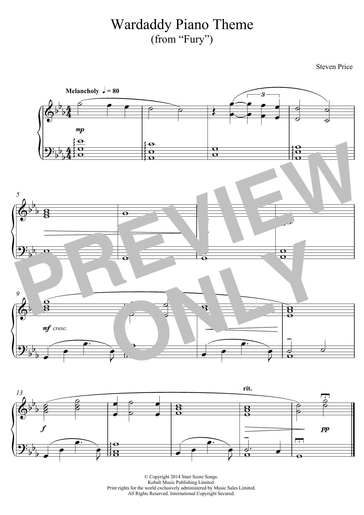 Wardaddy Piano Theme (from Fury) (Piano Solo) von Steven Price