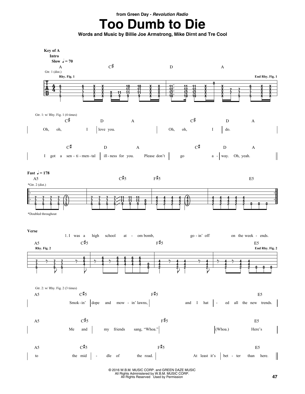 Too Dumb To Die (Guitar Rhythm Tab) von Green Day