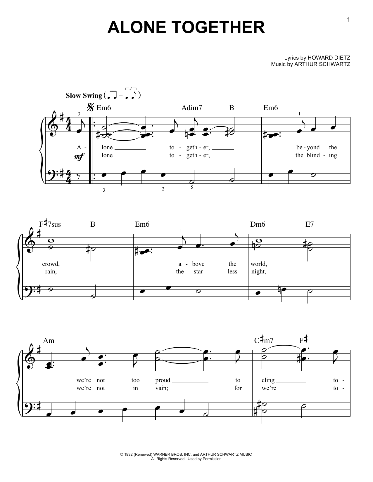 Alone Together (Very Easy Piano) von Arthur Schwartz