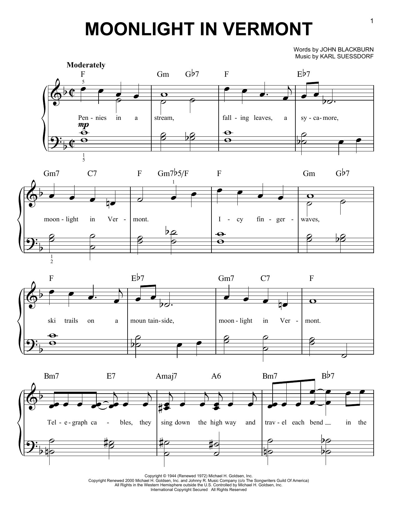 Moonlight In Vermont (Very Easy Piano) von John Blackburn