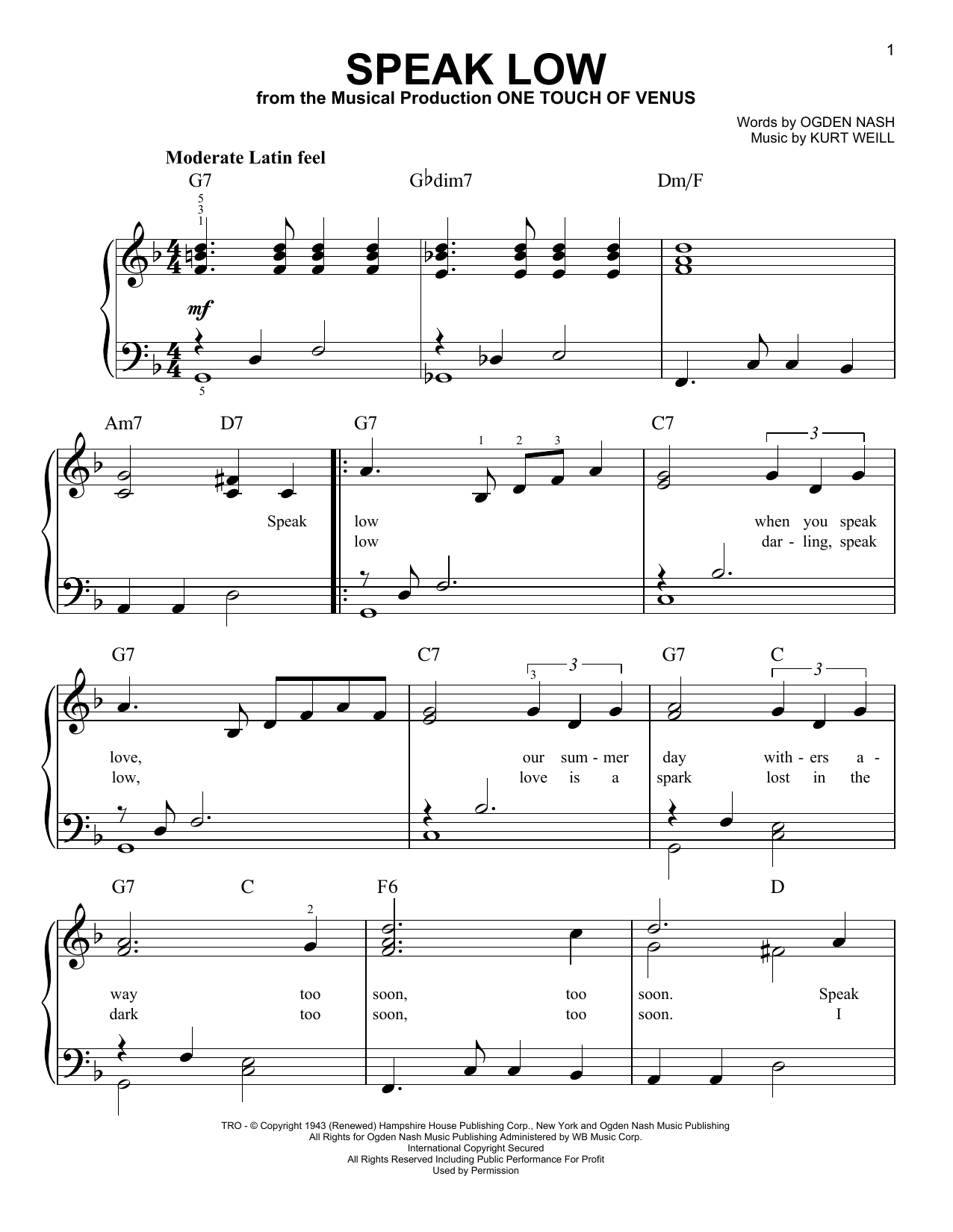 Speak Low (Very Easy Piano) von Kurt Weill