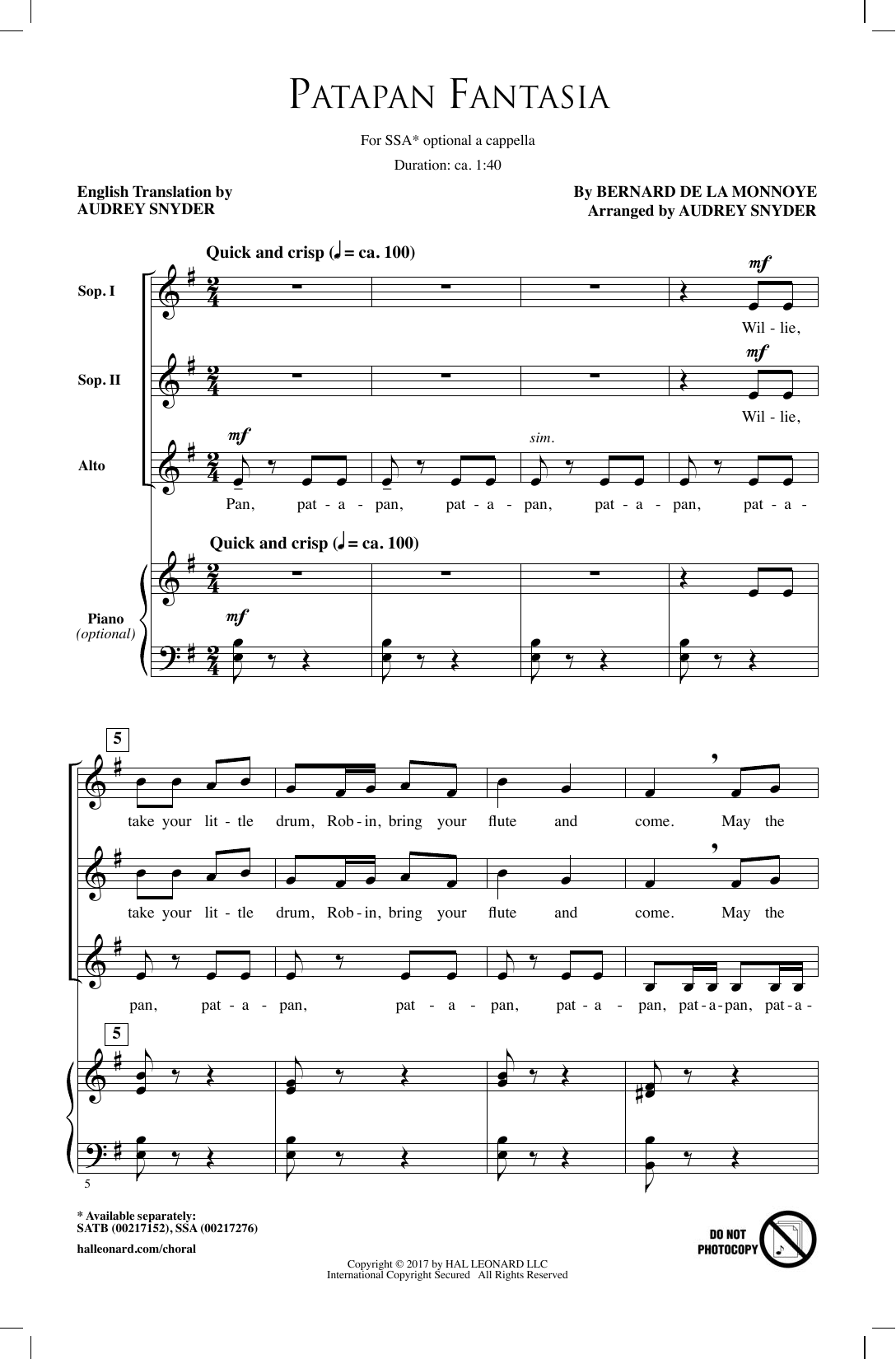Patapan Fantasia (SSA Choir) von Audrey Snyder