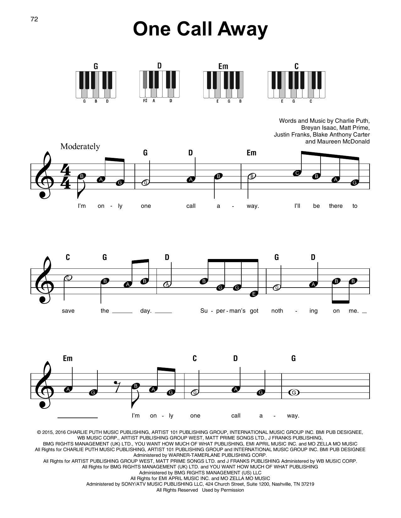 One Call Away (Super Easy Piano) von Charlie Puth