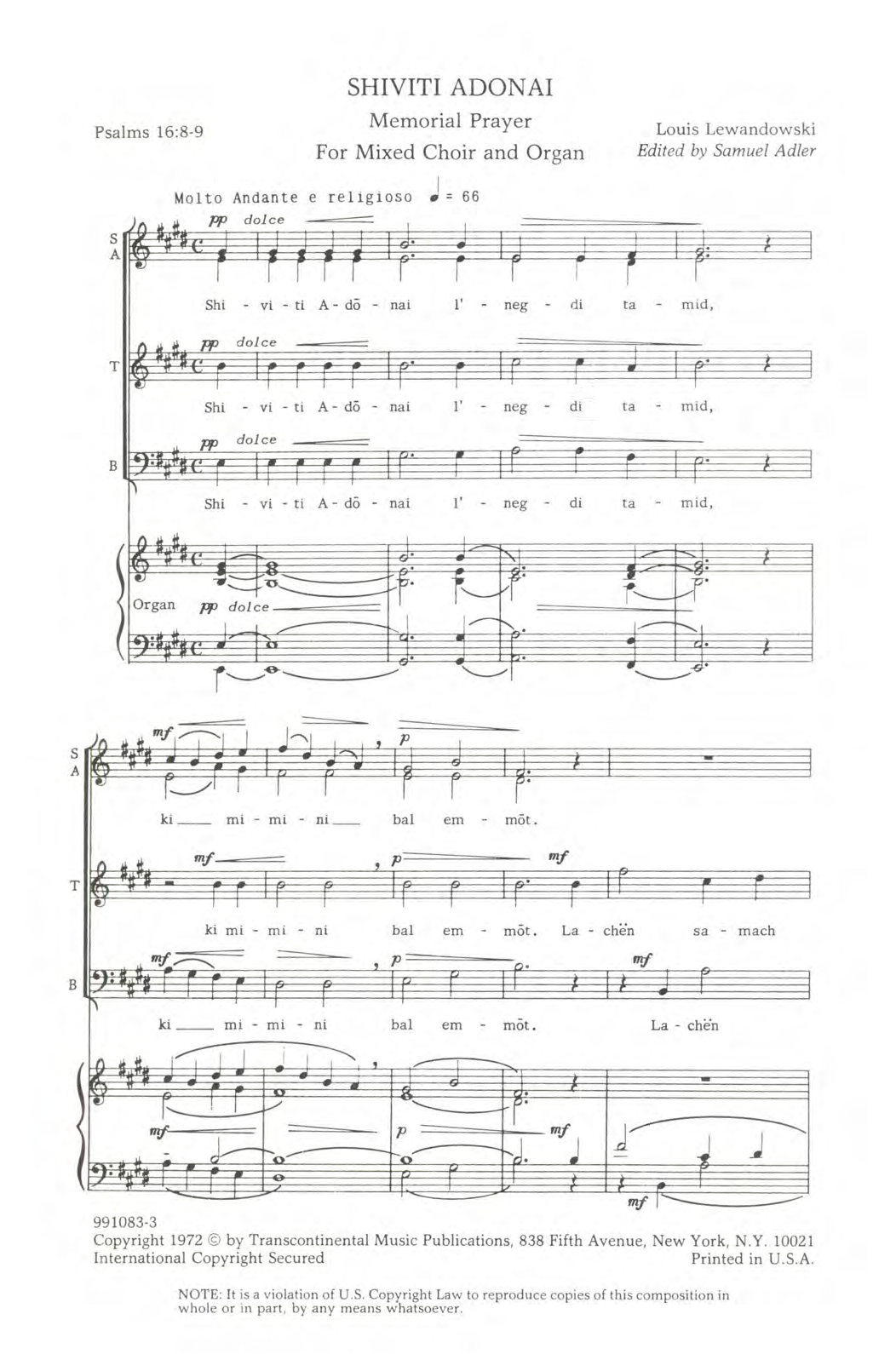 Shiviti Adonai (SATB Choir) von Louis Lewandowski