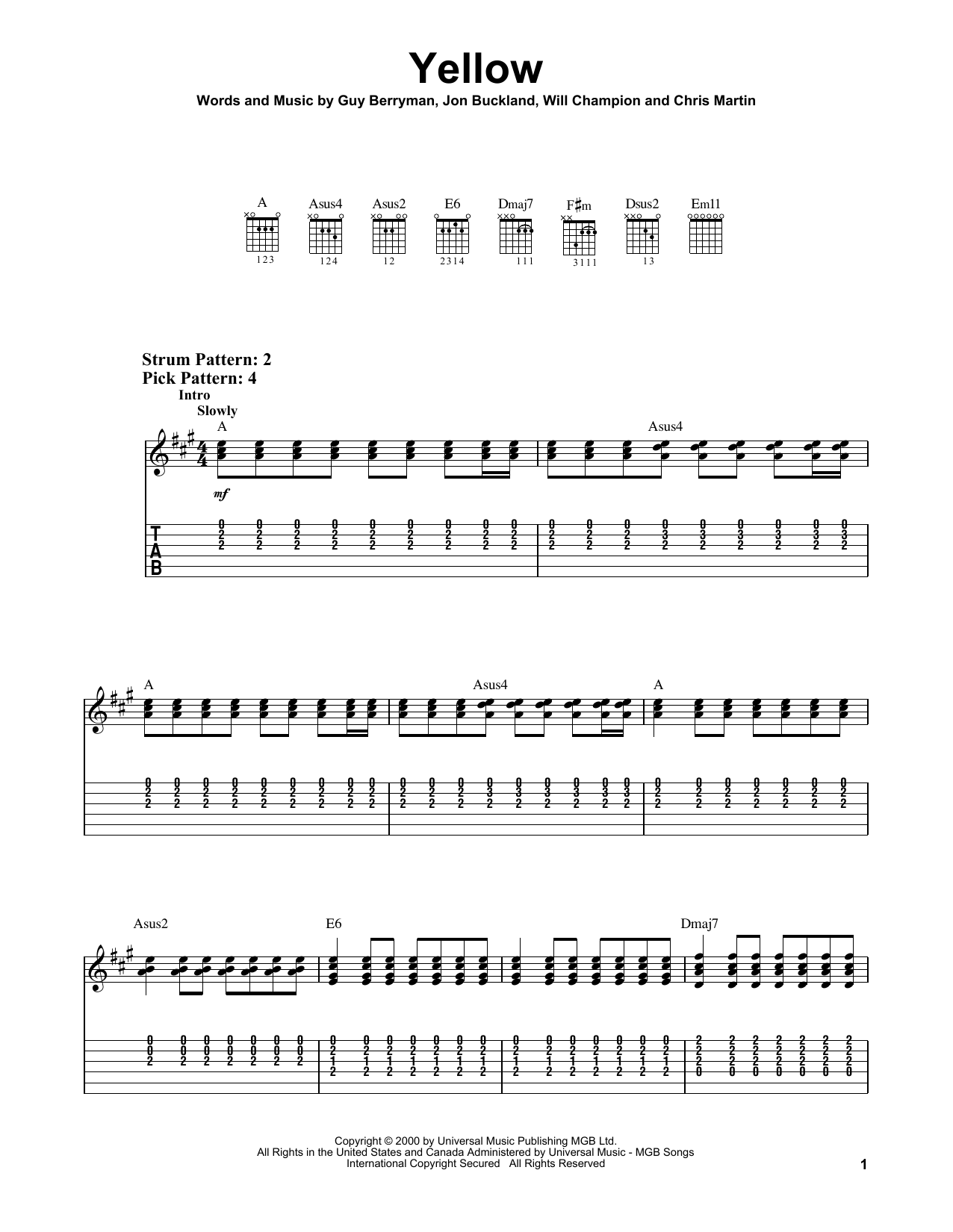 Yellow (Easy Guitar Tab) von Coldplay