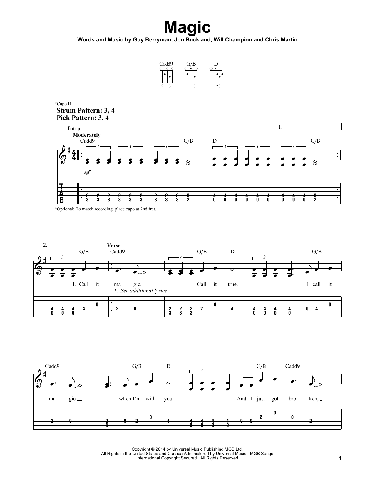 Magic (Easy Guitar Tab) von Coldplay