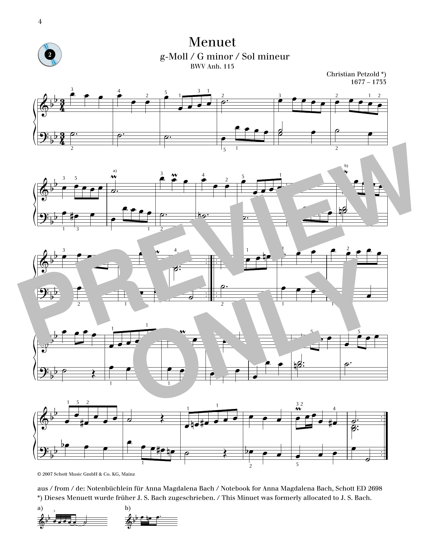 Minuet G minor (Piano Solo) von Christian Petzold